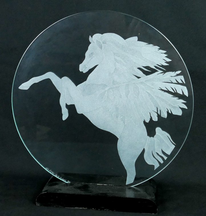 Etched Pegasus Art Glass Signed H. B. Bass