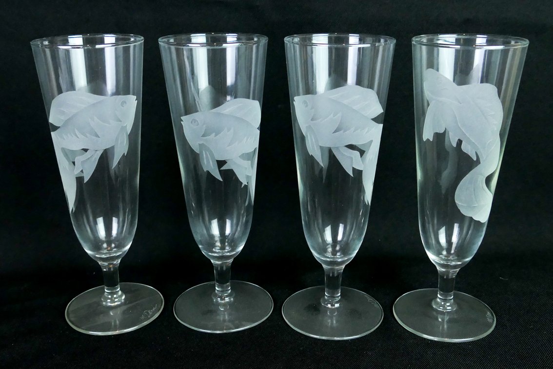 Four Pilsner Stems with Frosted Fish Design