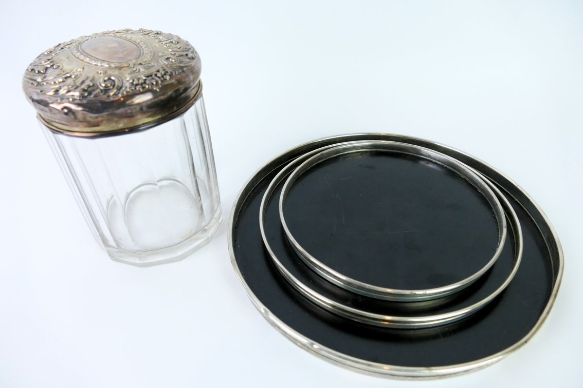 Set of Graduated Sterling Rimmed Trays and Tobacco Jar