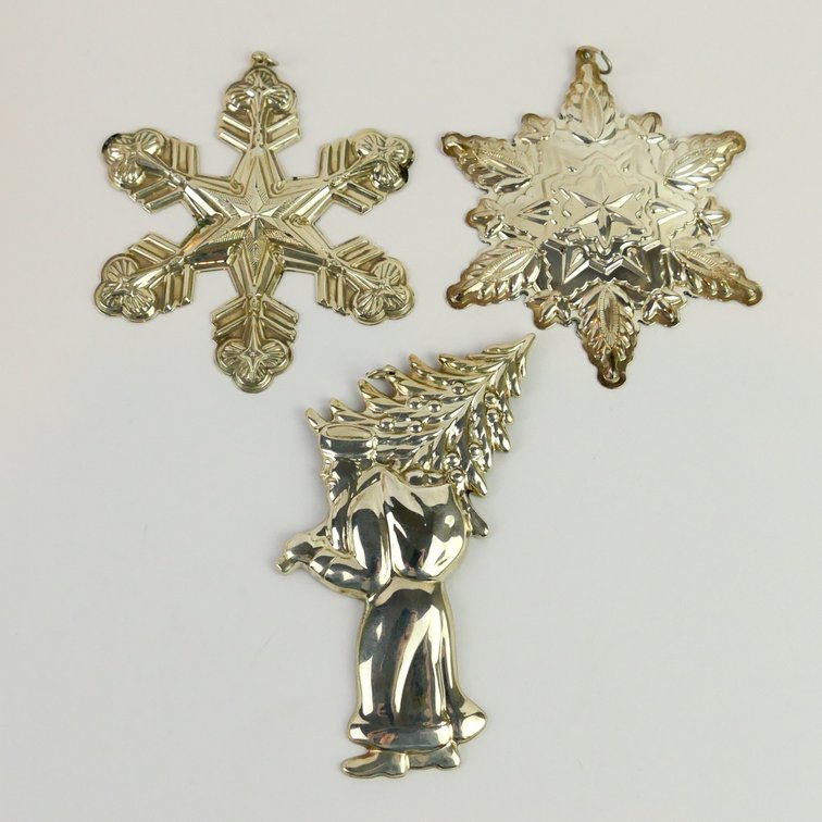 Gorham Sterling Silver Snowflake Ornaments 1998, 1999, St. Nick
