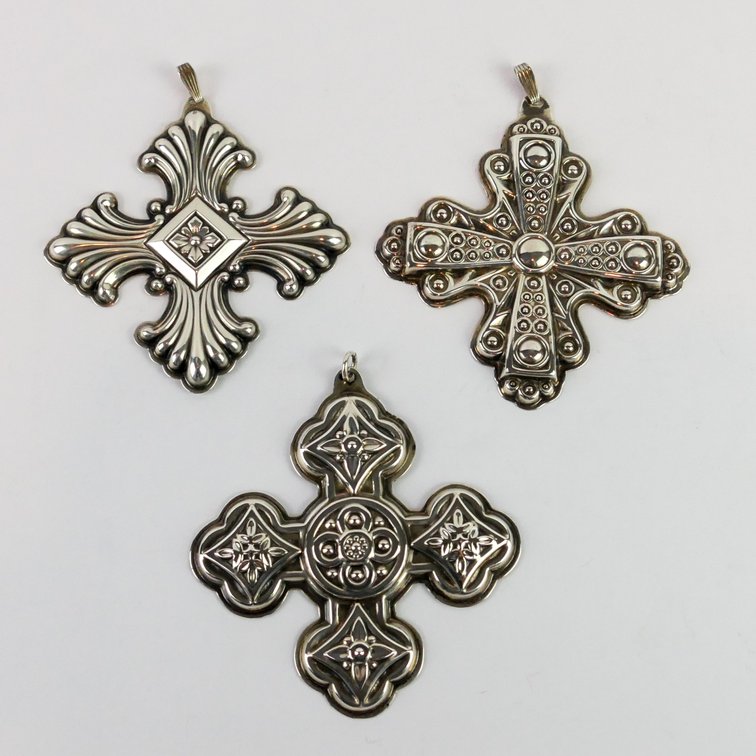 Three Reed and Barton Sterling Christmas Cross Ornaments 1971-1973