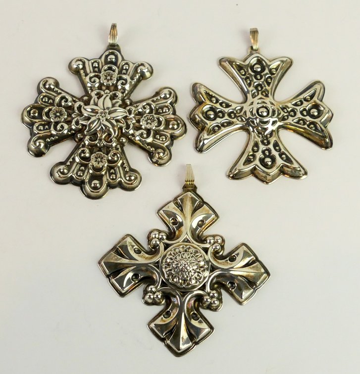 Three Reed and Barton Sterling Christmas Cross Ornaments 1974-1976