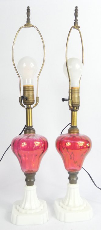 Bohemian Raspberry Glass Lamp Pair
