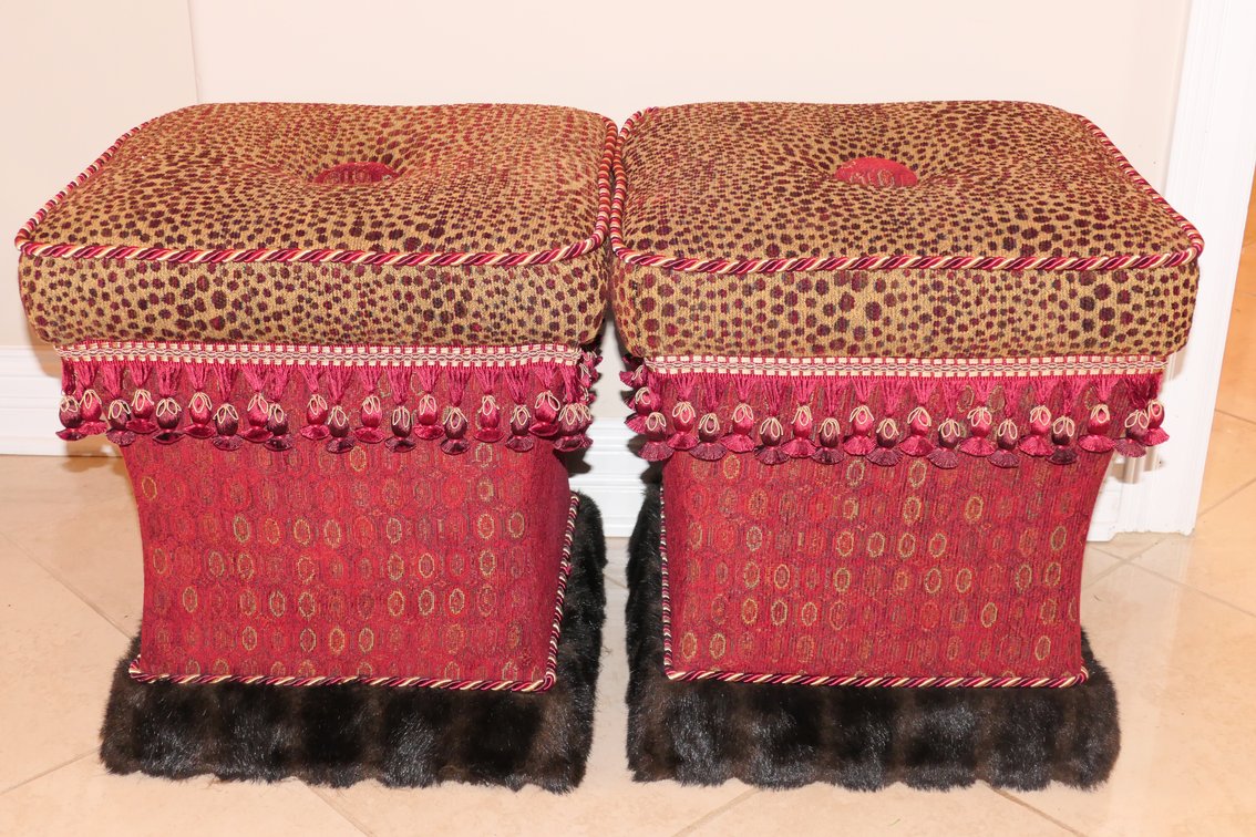 Pair of The Bombay Company Hollywood Regency Upholstered Ottomans
