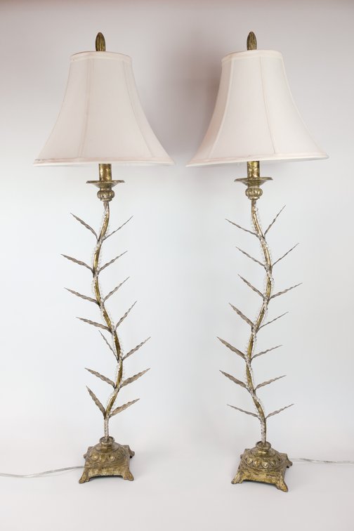Pair of Hollywood Regency Style Brushed Gold Tone Botanical Lamps