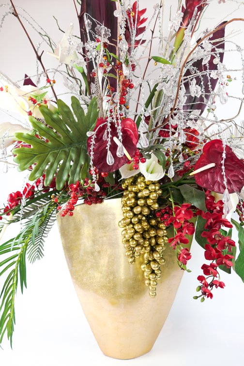 Z Gallerie Gold Tone Tapered Vase with Large Floral Arrangement