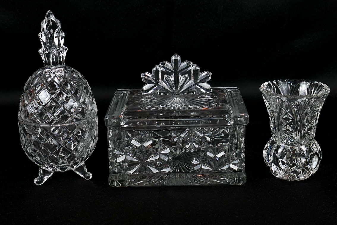 Two Crystal Lidded Boxes and a Toothpick Holder