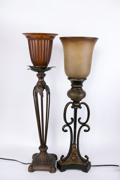 Two Coordinating Metal Torchiere Table Lamps