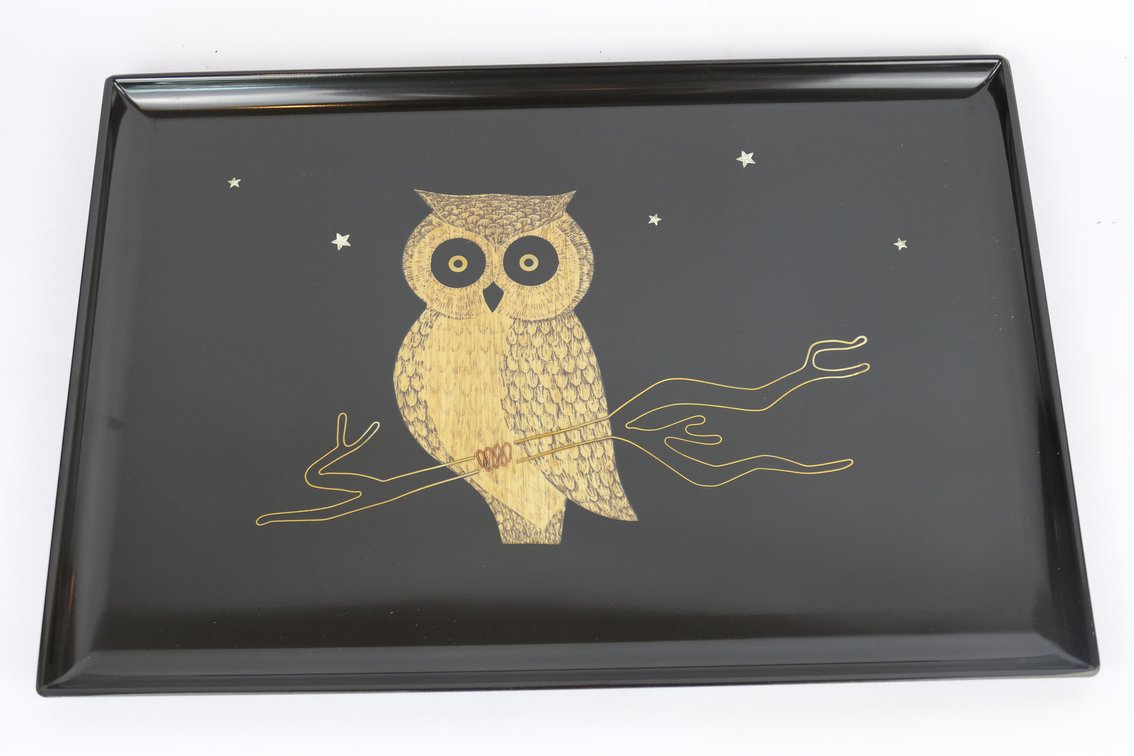 Couroc Black Lacquered Gold Owl Tray