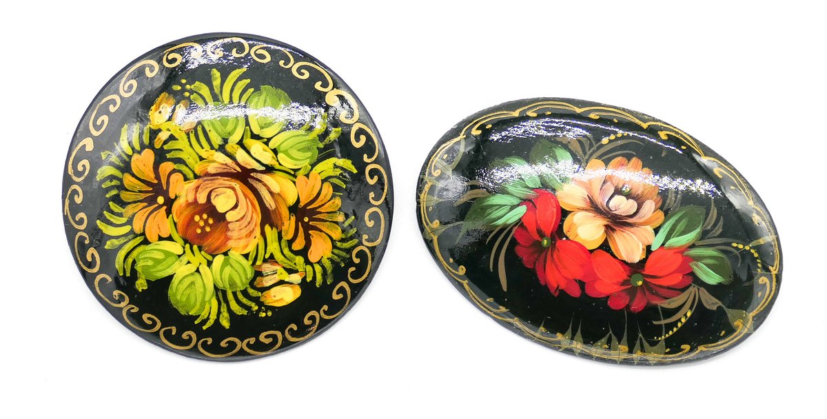 Two Russian Hand Painted Signed Paper Mache Brooches