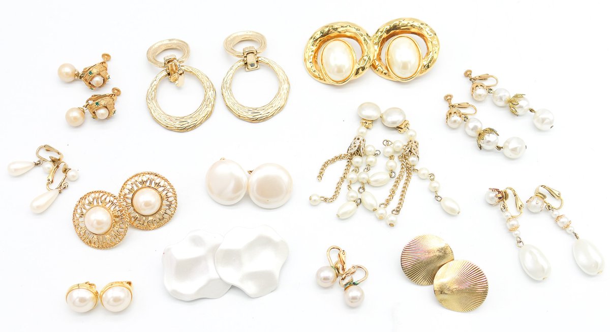 Twelve Pairs of Gold Tone Faux Pearl Clip on Earrings