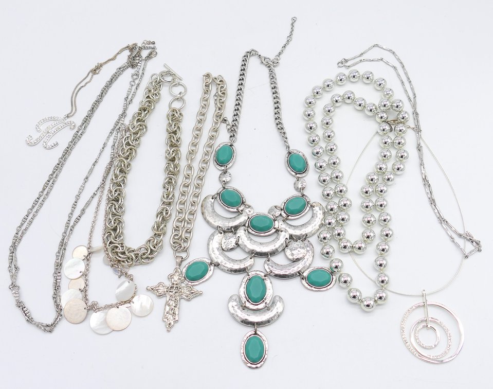 Ten Silver Tone Necklaces