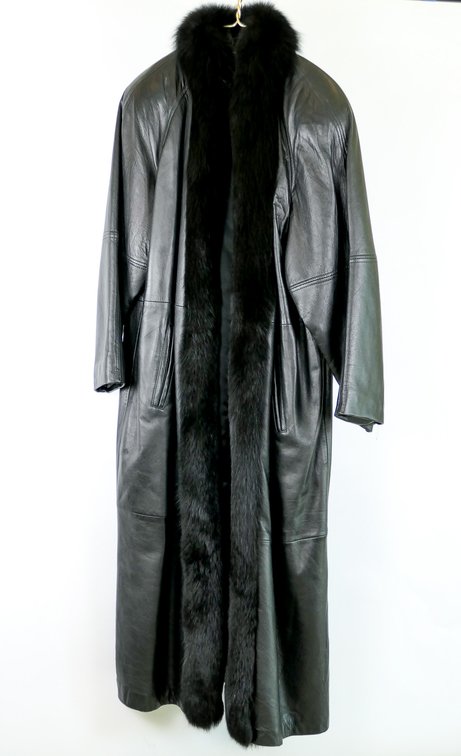 Ankle Length Faux Leather and Fur Black Trench Coat