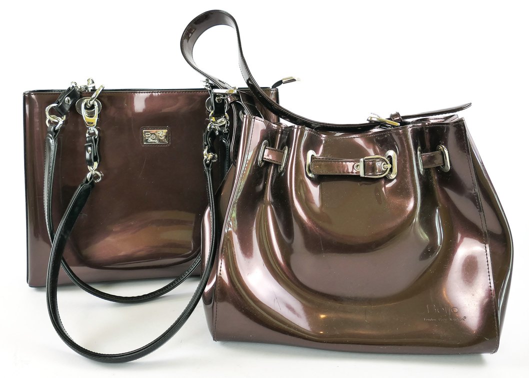 Two Brown Patent Vinyl Shoulder Bags