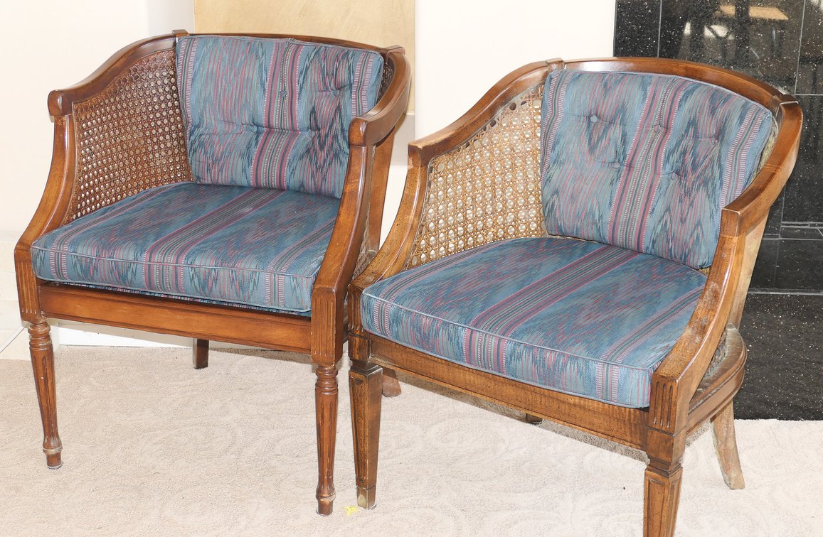 Vintage Cane Back Barrel Accent Chairs
