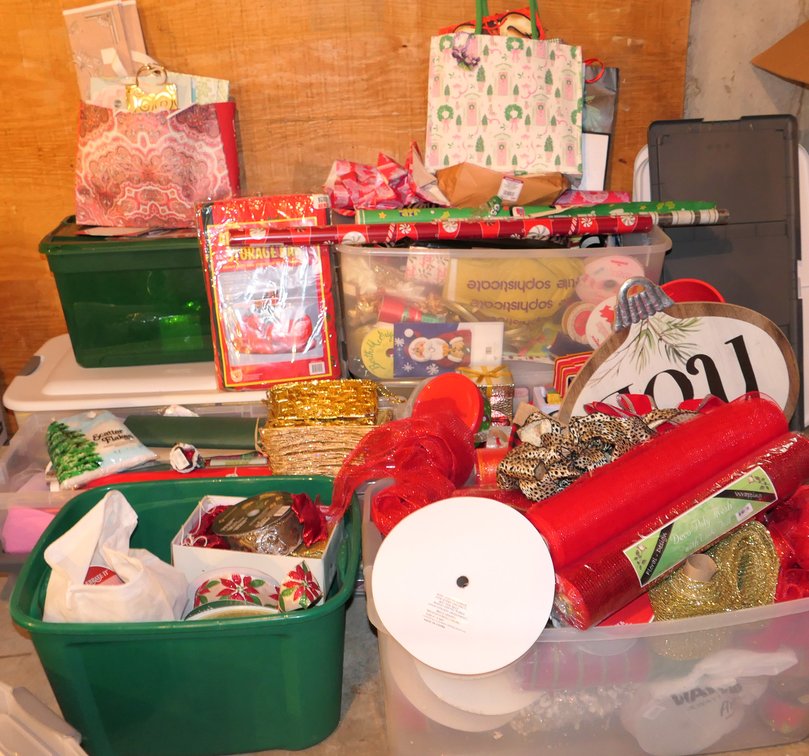 Nine Totes of Christmas Gift Wrapping Supplies