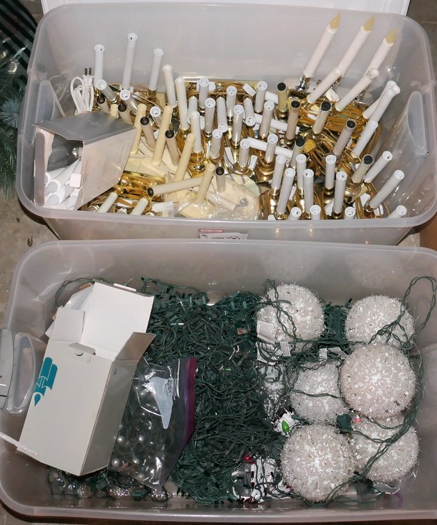 Two Totes of Christmas Lights and Faux Candlesticks