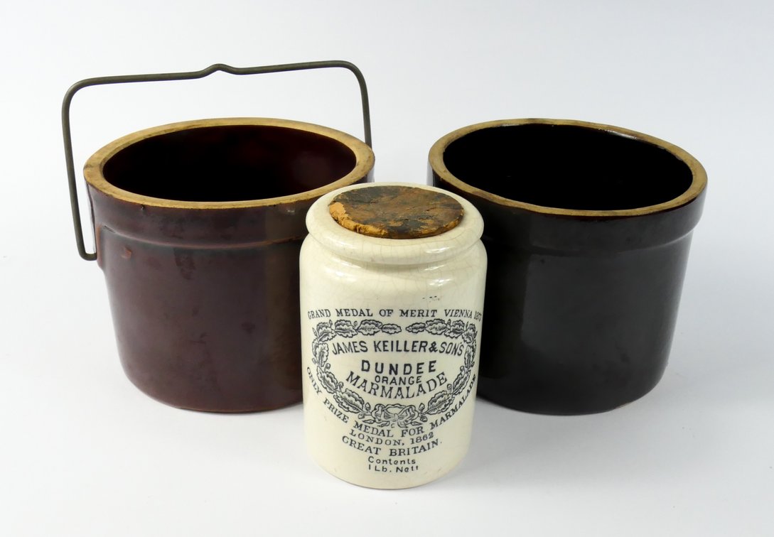 Antique James Keiller and Sons Dundee Marmalade Crock and Two Brown Crocks