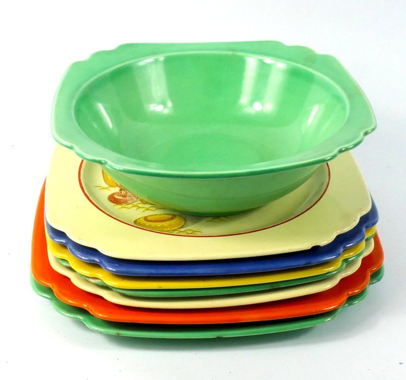 Seven Homer Laughlin Square Plates and one bowl