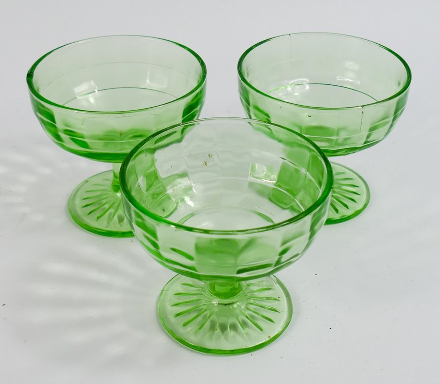 Three Circa 1930's Green Uranium Glass Footed Sherbet Dishes