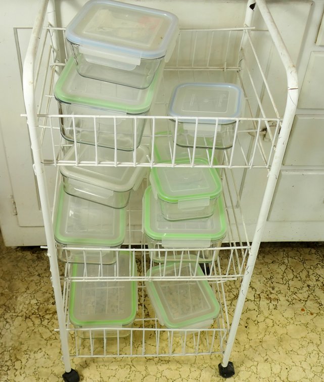 Metal Cart and Eleven Glass Food Storage containers