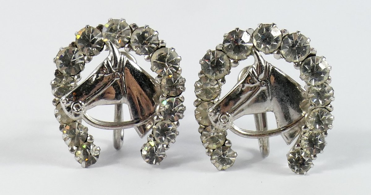 Sterling Silver Horse Head with Rhinestone Wreath Clip On Earrings