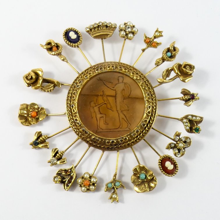 Vintage Unsigned Goldette Jeweled Stick Pin Brooch