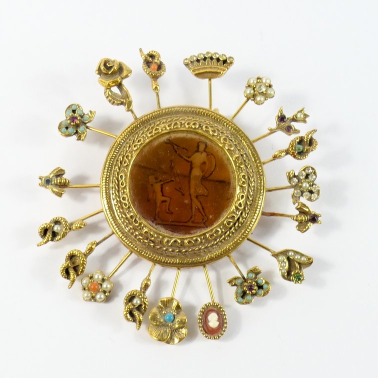 Vintage Unsigned Goldette Jeweled Stick Pin Brooch