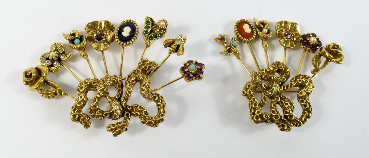 Two Vintage Unsigned Goldette Jeweled Stick Pin Brooches