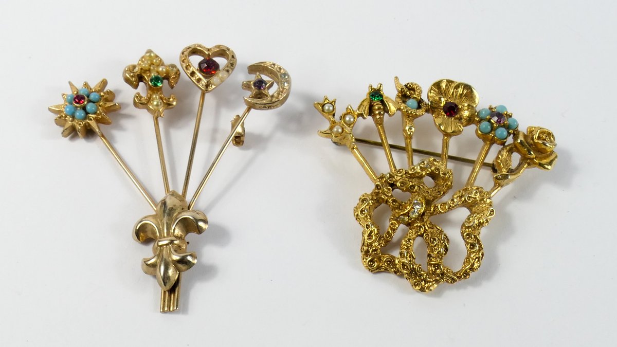 Two Vintage Unsigned Goldette Jeweled Stick Pin Brooches