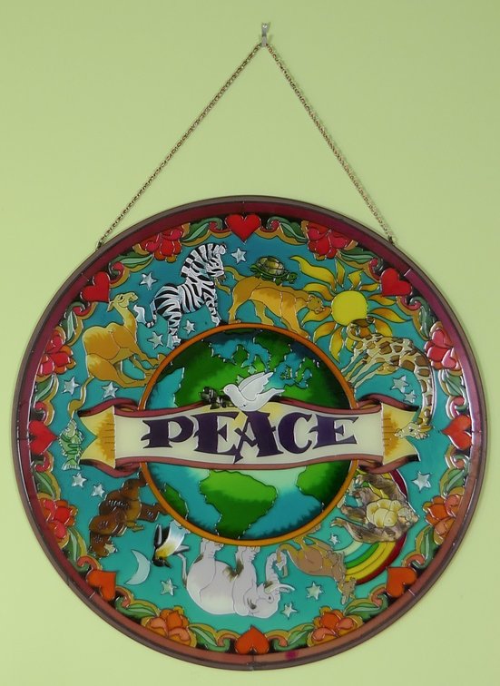 Stained Glass Circular World Map with Animal Imagery