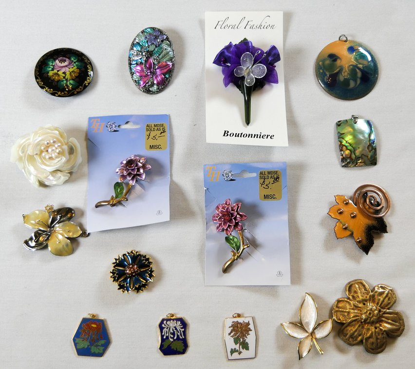 Enamel and Floral Pins and Pendants