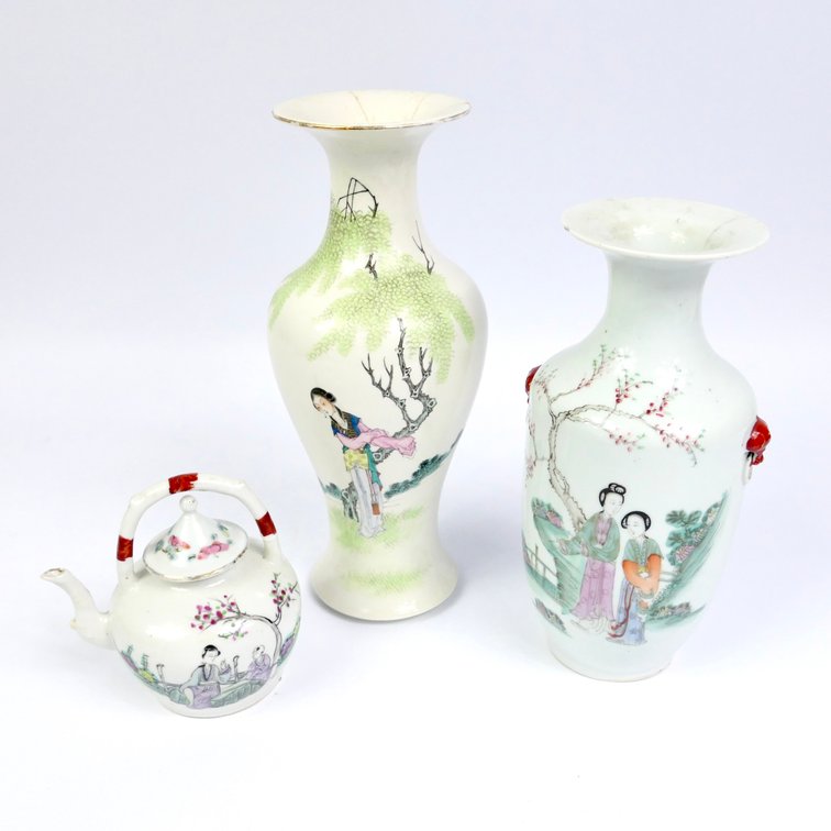 Two Antique Hand Painted Chinese Porcelain Vases and a Teapot