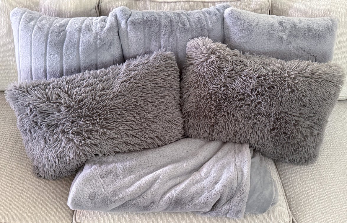Selection of Five Faux Fur Pillows and a Throw
