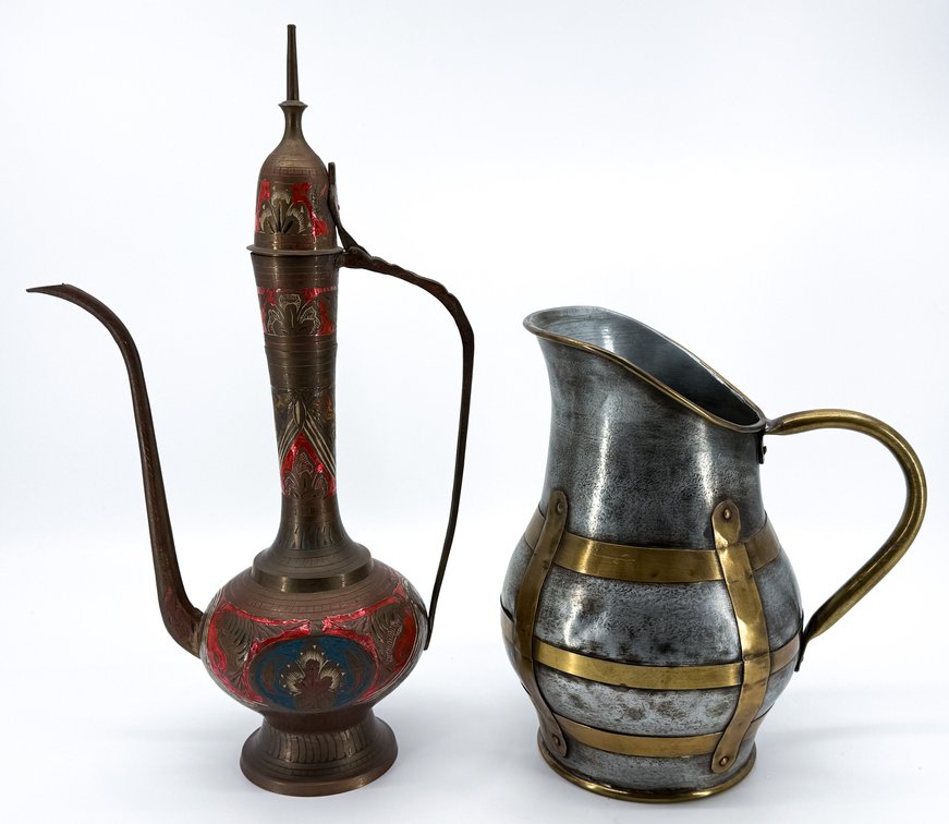 Brass Moroccan Tea Pot and Brass Strap Pitcher