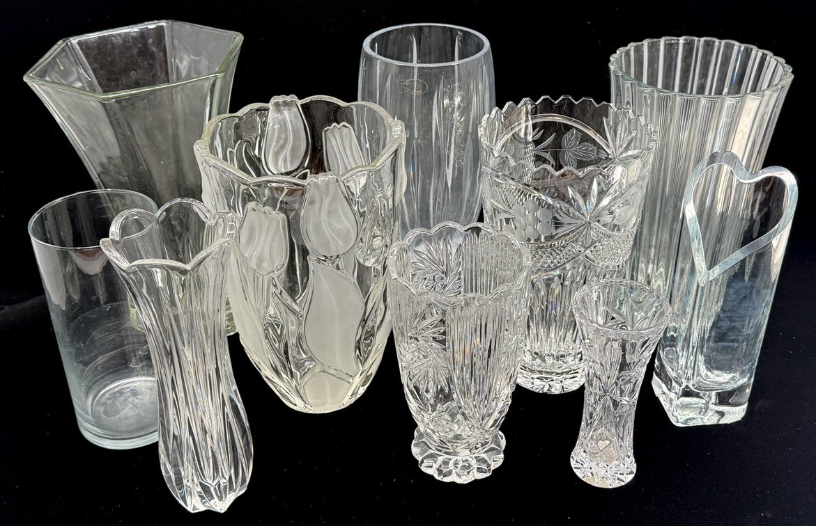 Selection of Ten Clear Cut Glass and Crystal Vases