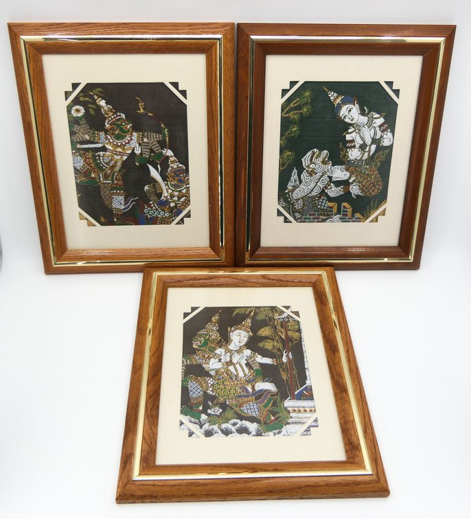 Three Vintage Thai Silk Mythological Creatures Artworks