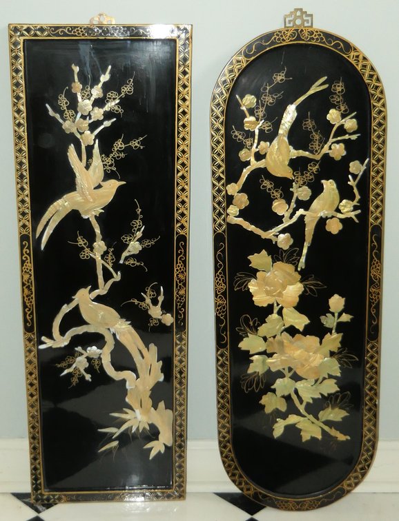 Two Chinoiserie Panels with Raised Birds and Flowers