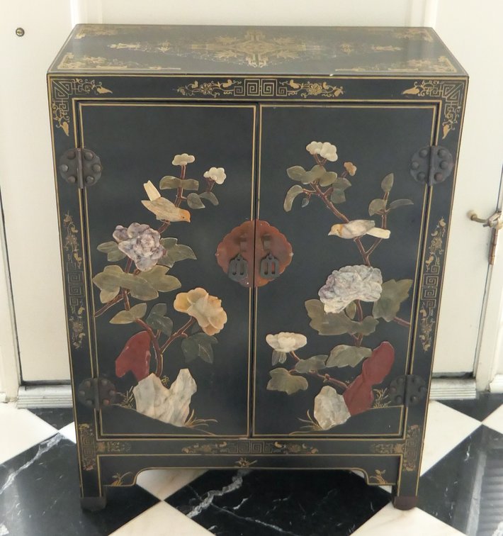 Chinese Cabinet with Hardstone Birds and Flowers