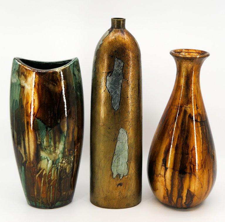 Three Copper Tone Drip Vases