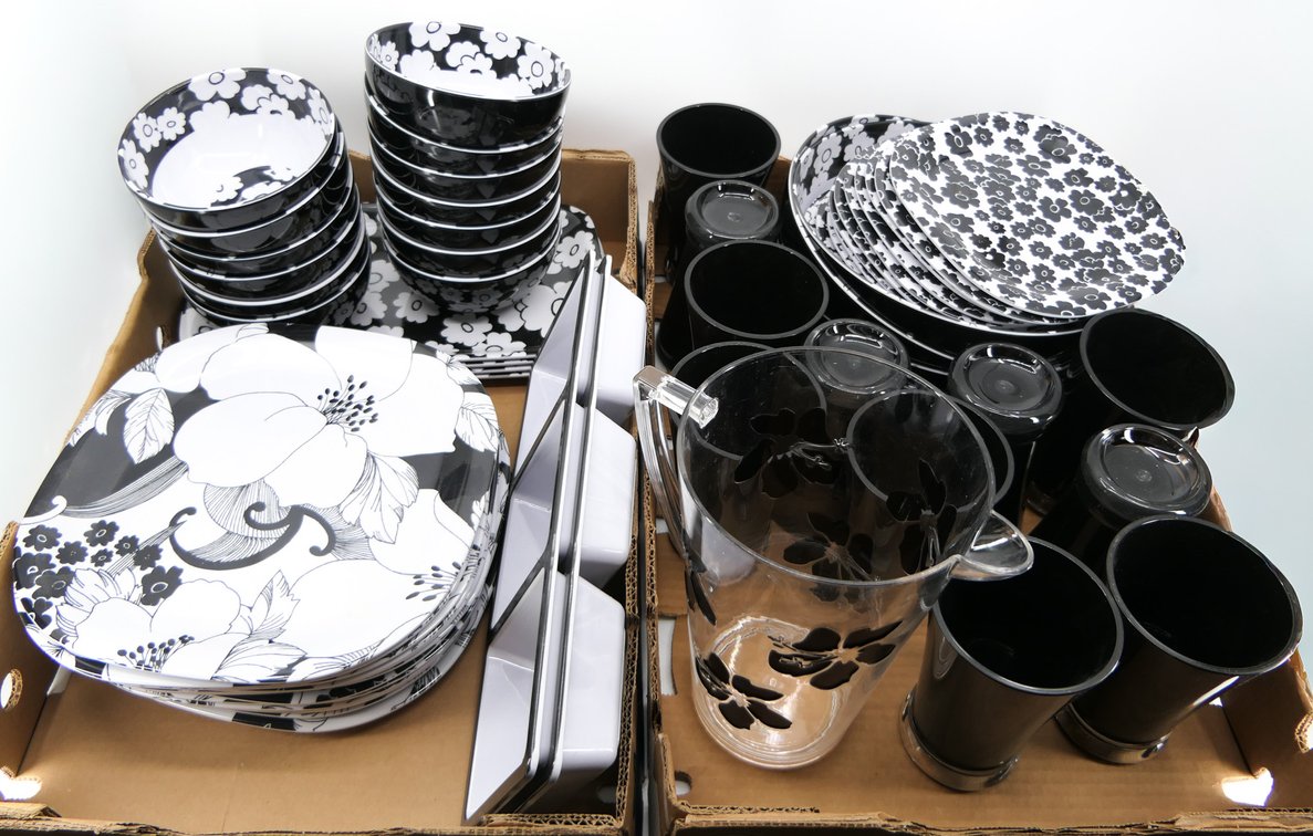 Two Boxes of Black and White Plastic Dinnerware