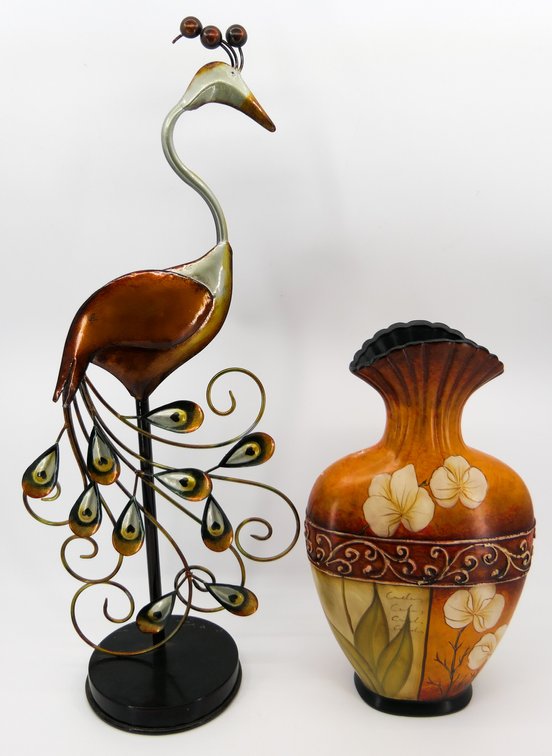 Copper Tone Peacock and Vase