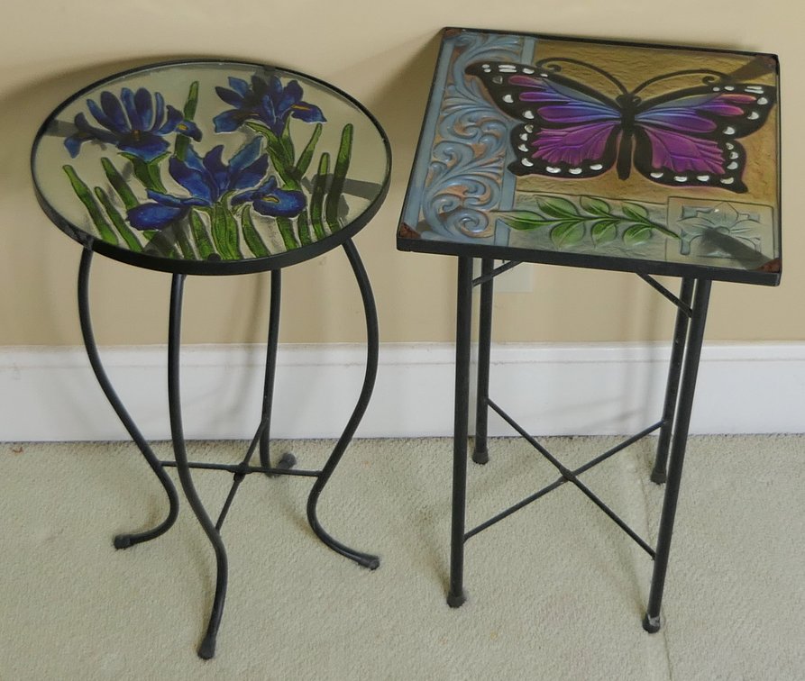 Two Colorful Glass Top Accent Tables