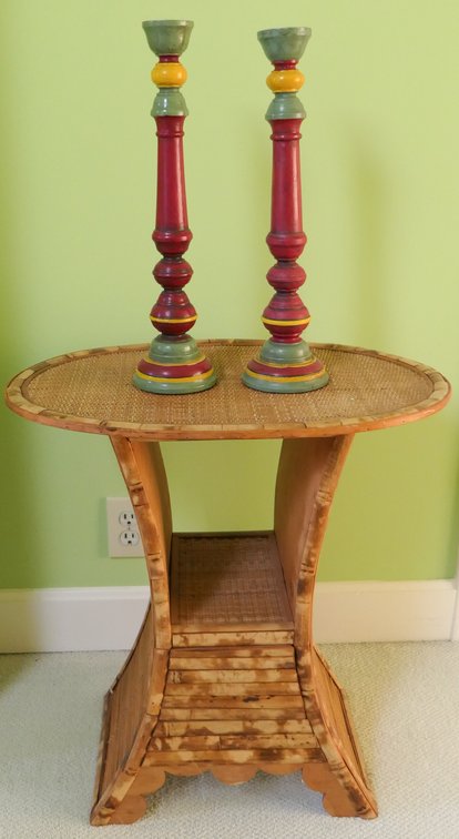 Oval Woven Side Table and Candlesticks