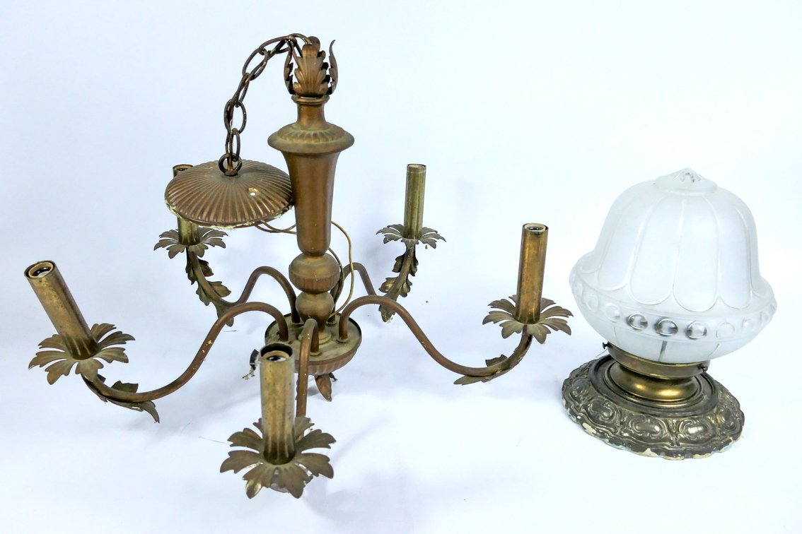Vintage Brass and Frosted Glass Light Fixture and Chandelier
