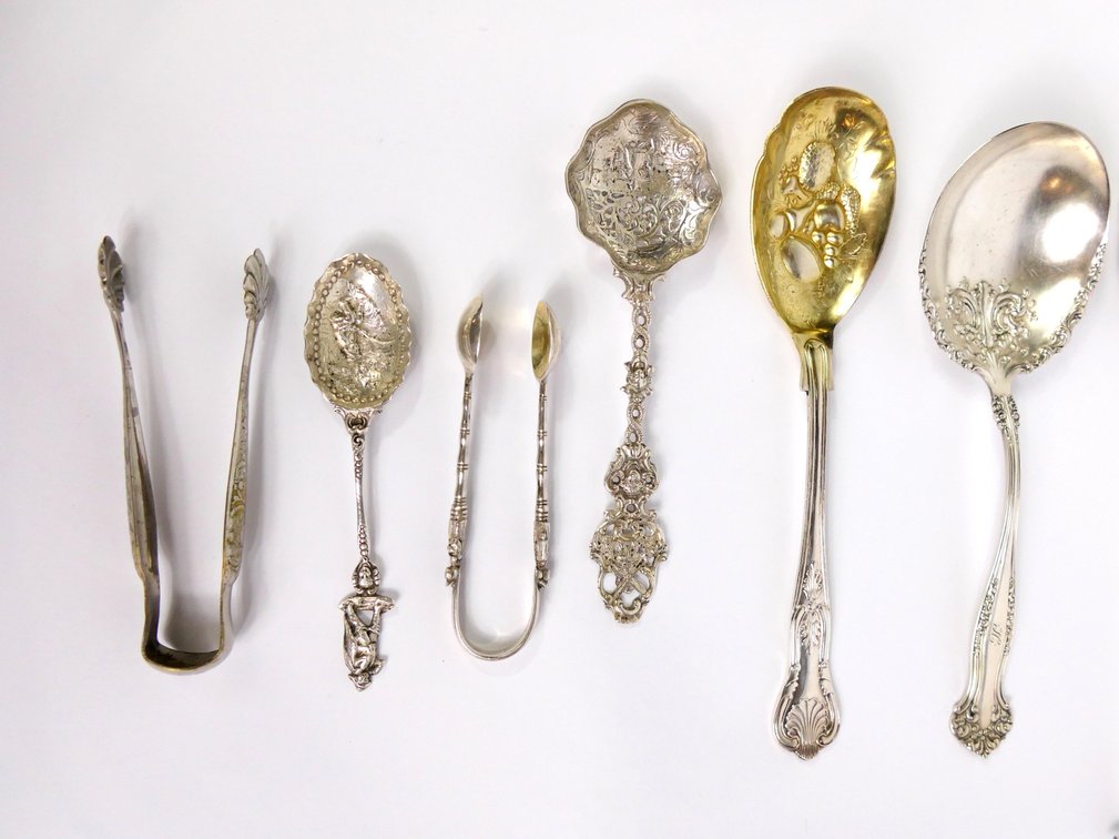 Ornate Sterling and Silver Plate Spoons and Tongs