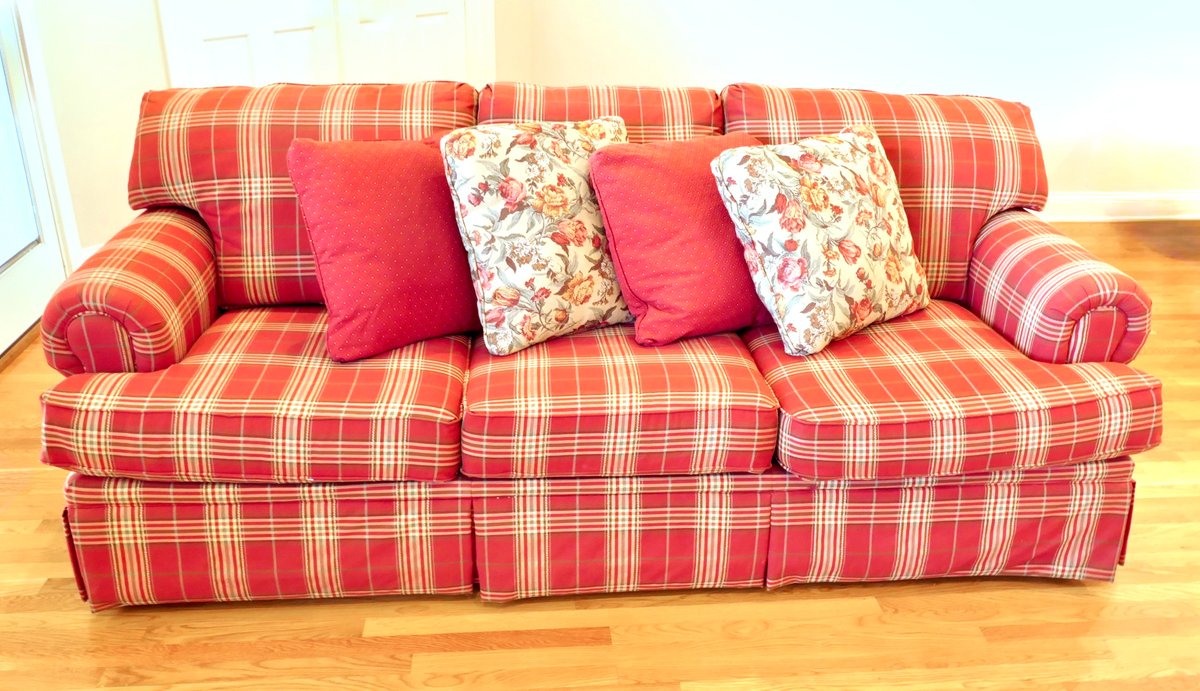 La-Z-Boy/England Red Plaid Three Cushion Couch