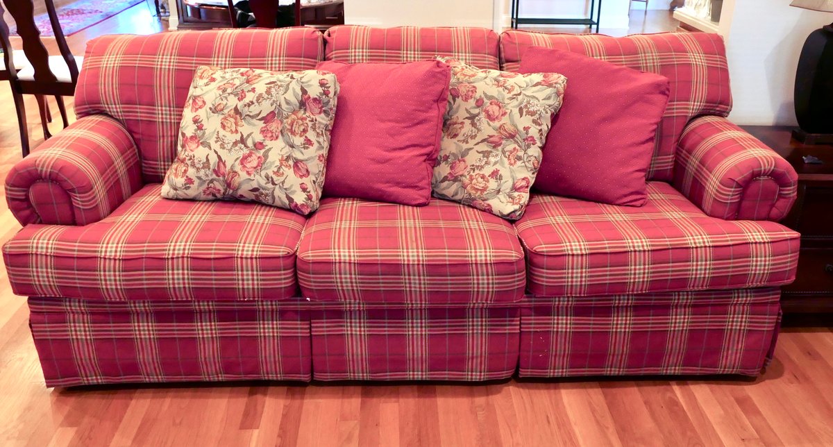 La-Z-Boy/England Red Plaid Three Cushion Couch
