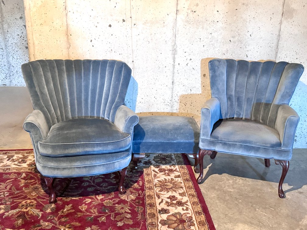 French Revival Style Ribbed Barrel-Back His and Hers Armchair Set