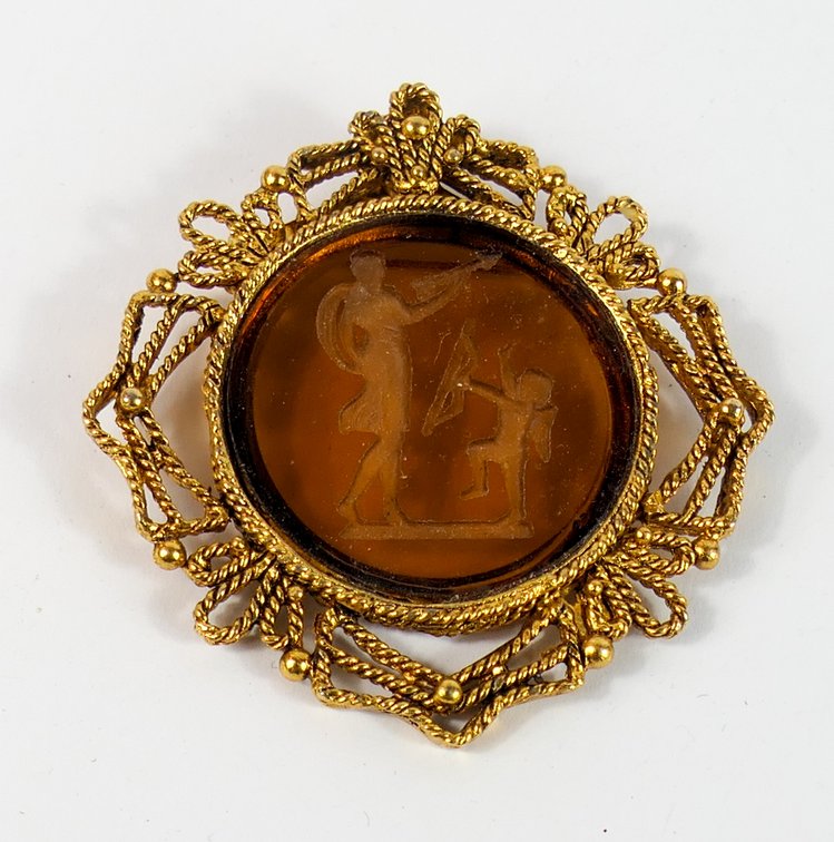 Vintage Brown Glass Goldtone Framed Cameo Brooch
